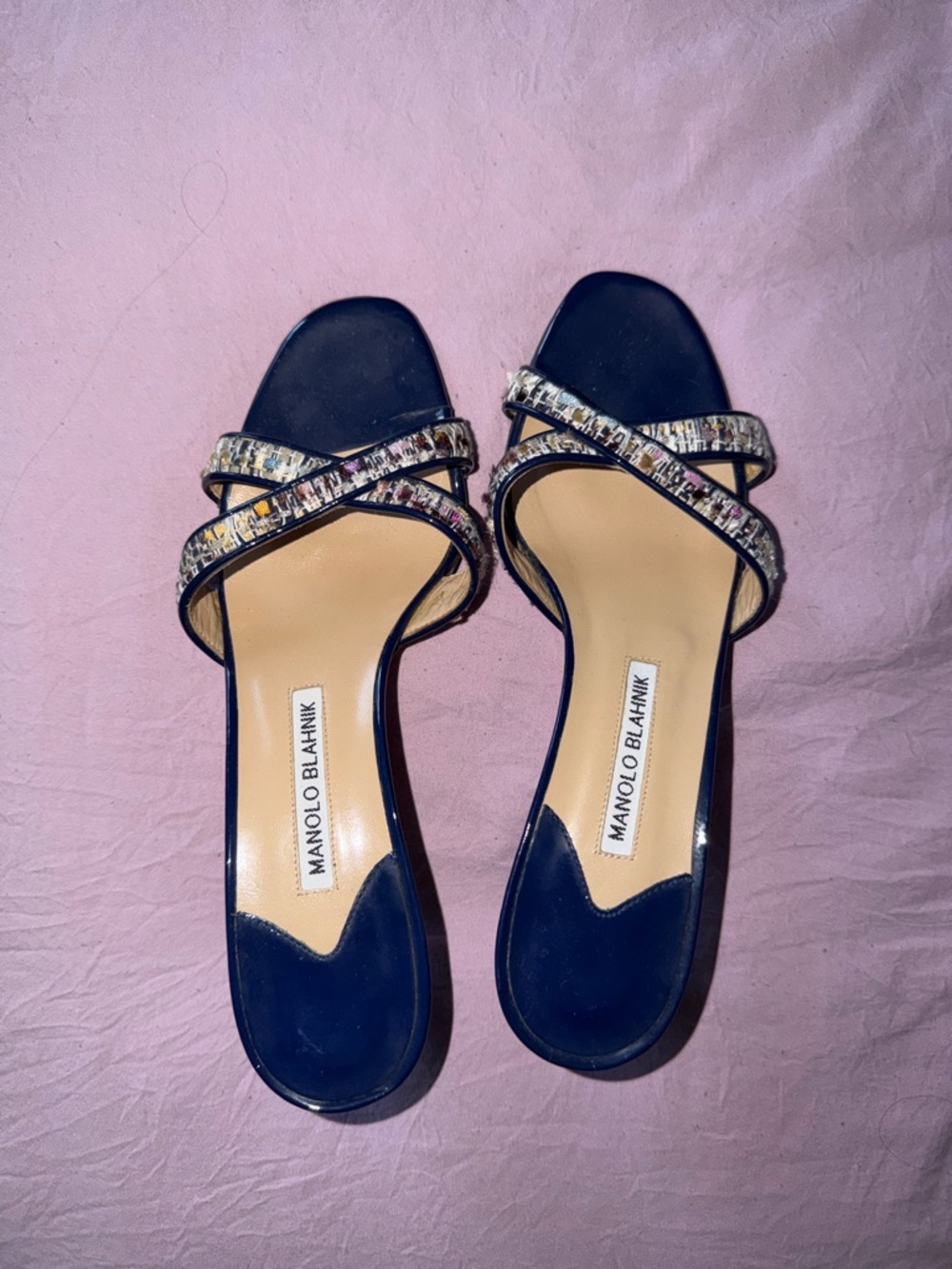 Manolo Blahnik Navy Multicolor Crisscross Slide Sandals - look at pics for size